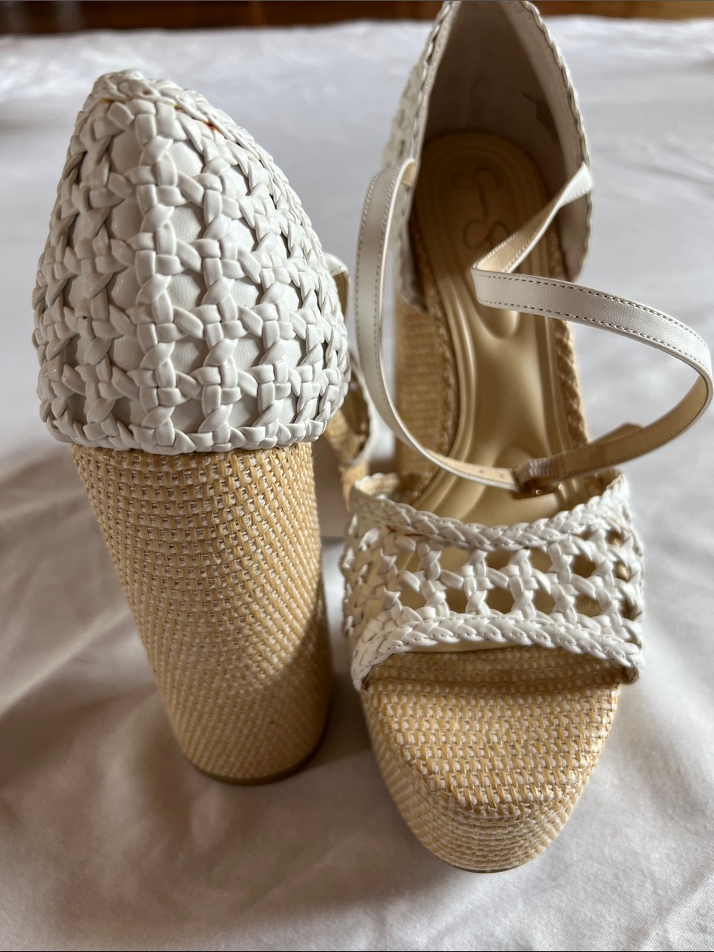 Jessica Simpson White Braided Raffia Ankle-Tie Wedge Sandals